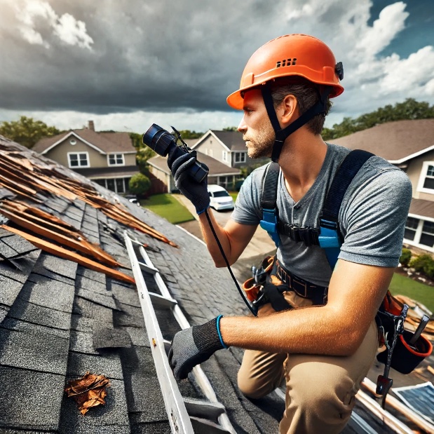 Roofer inspecting a roof with safety gear on