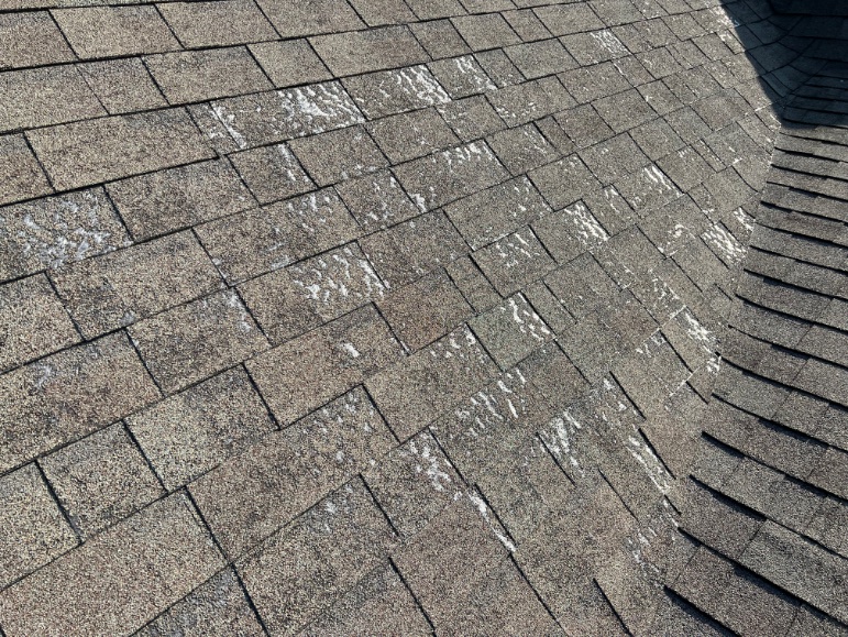 Worn shingles on a residential roof.