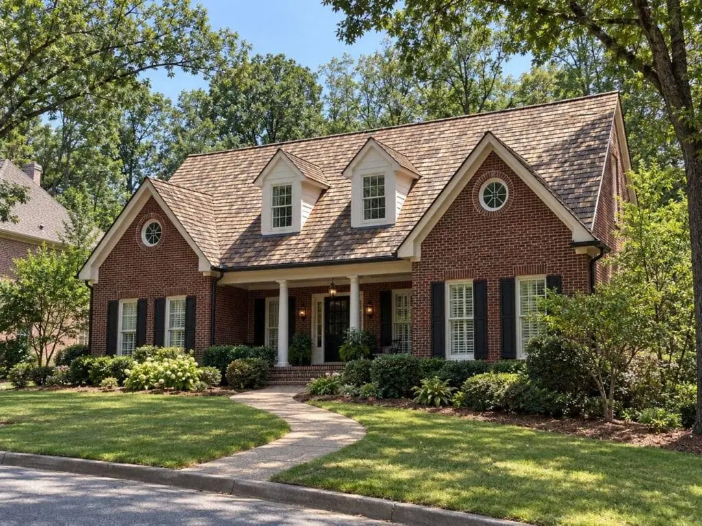 Cedar shake roof on a brick home with dormers