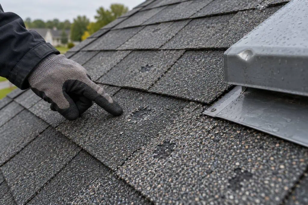 Roofer pointing to hail damage on asphalt shingles and a dented roof vent