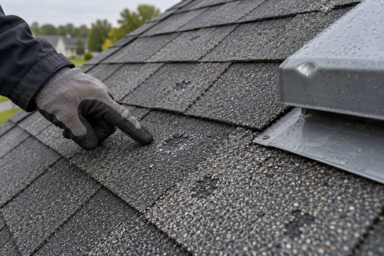 Roofer pointing to hail damage on asphalt shingles and a dented roof vent
