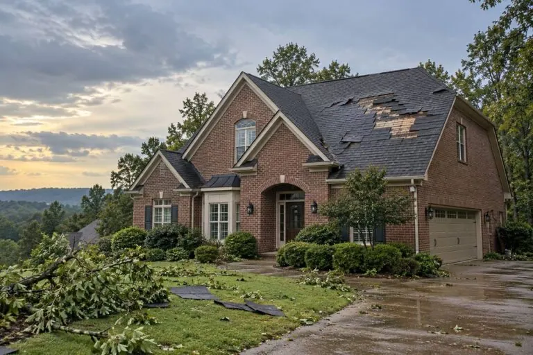 Brick home with shingles torn off by a storm and a fallen tree limb in the yard